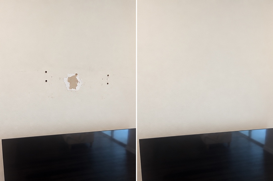 Before and after TV mounting holes drywall repair